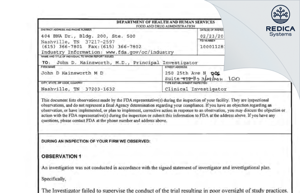 FDA 483 - John D Hainsworth M D [Nashville / United States of America] - Download PDF - Redica Systems