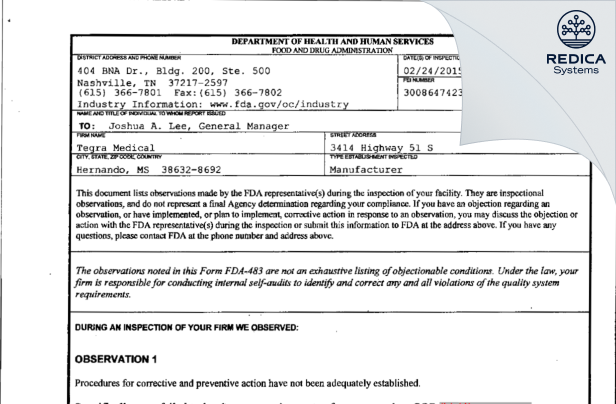 FDA 483 - Tegra Medical (MS) LLC [Hernando / United States of America] - Download PDF - Redica Systems