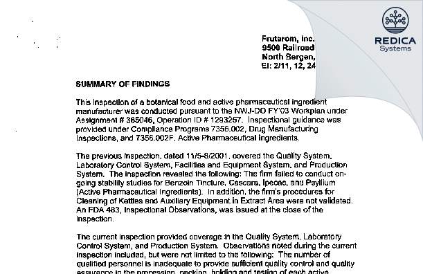 EIR - Frutarom USA Inc. [North Bergen / United States of America] - Download PDF - Redica Systems