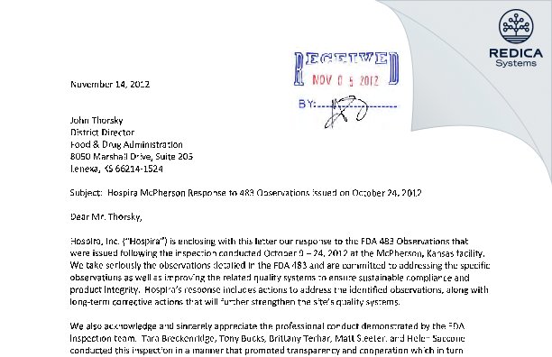 FDA 483 Response - Hospira, Inc. [Mcpherson / United States of America] - Download PDF - Redica Systems