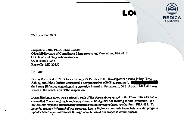 FDA 483 Response - Lonza Biologics, Inc. [Hampshire / United States of America] - Download PDF - Redica Systems