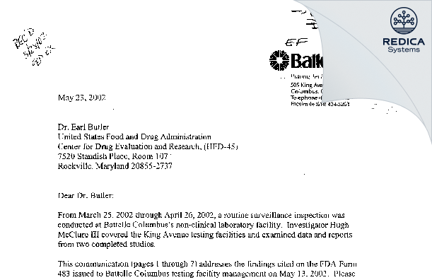 FDA 483 Response - Battelle Memorial Institute [Columbus / United States of America] - Download PDF - Redica Systems