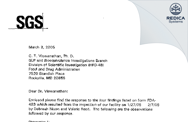 FDA 483 Response - SGS North America Inc. [Fairfield / United States of America] - Download PDF - Redica Systems