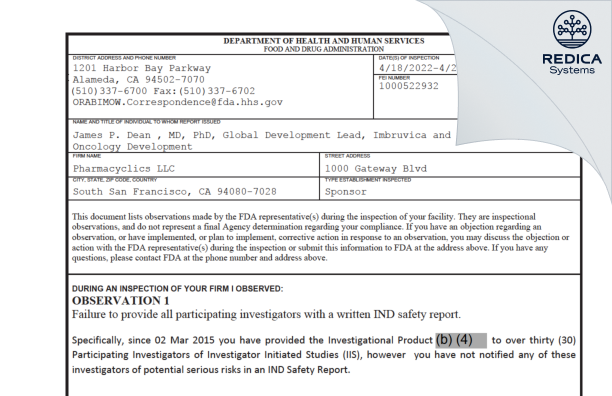 FDA 483 - Pharmacyclics LLC [South San Francisco / United States of America] - Download PDF - Redica Systems