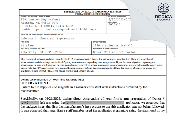 FDA 483 - Vitalant [Yuba City / United States of America] - Download PDF - Redica Systems