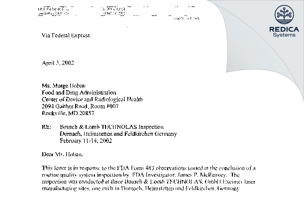 FDA 483 Response - Bausch & Lomb/Technolas Gmbh [Aschheim / Germany] - Download PDF - Redica Systems