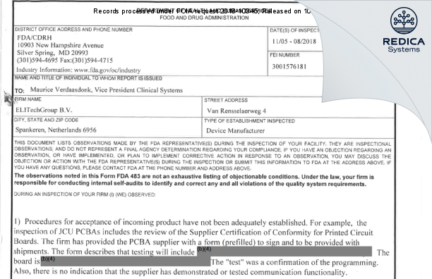 FDA 483 - ELITech Group B.V. [Spankeren / Netherlands] - Download PDF - Redica Systems