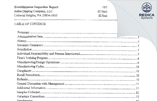 EIR - Sabra Dipping Company, LLC [Chesterfield / United States of America] - Download PDF - Redica Systems