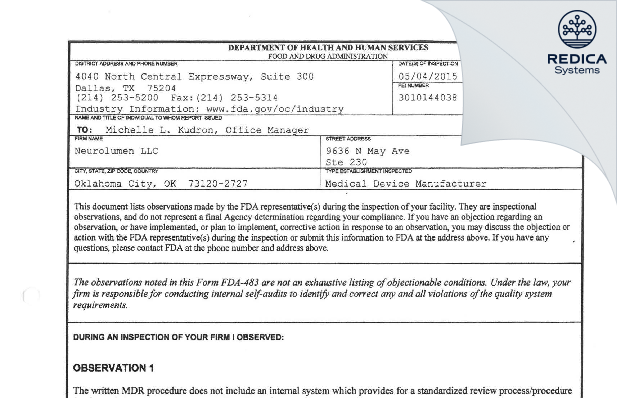 FDA 483 - Neurolumen LLC [Oklahoma City / United States of America] - Download PDF - Redica Systems