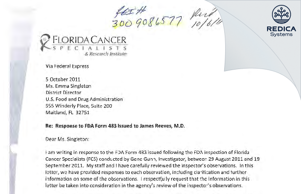 FDA 483 Response - James A. Reeves, MD [Fort Myers / United States of America] - Download PDF - Redica Systems