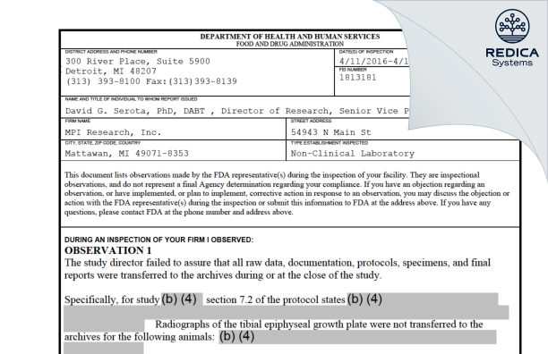 FDA 483 - Charles River Laboratories [Mattawan / United States of America] - Download PDF - Redica Systems