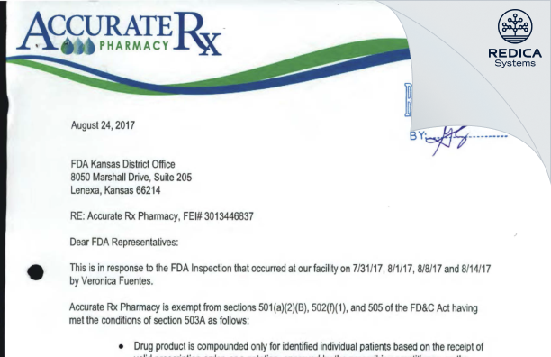 FDA 483 Response - Accurate RX Pharmacy Consulting LLC [Columbia / United States of America] - Download PDF - Redica Systems