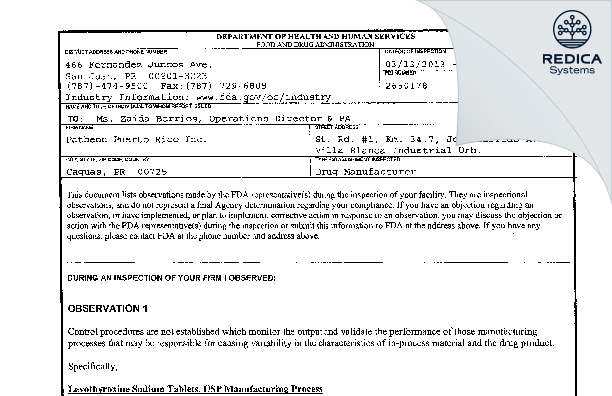 FDA 483 - Patheon Puerto Rico, Inc. [Caguas / United States of America] - Download PDF - Redica Systems