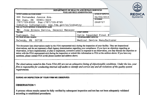 FDA 483 - Customed, Inc [Fajardo / United States of America] - Download PDF - Redica Systems