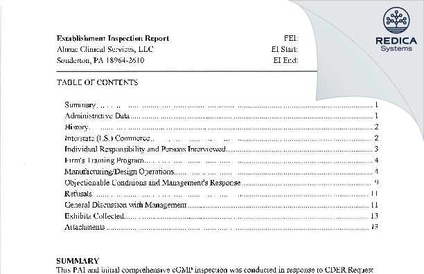 EIR - Almac Clinical Services, LLC [Souderton Pennsylvania / United States of America] - Download PDF - Redica Systems