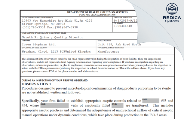 FDA 483 - IPSEN BIOPHARM LTD [- / United Kingdom of Great Britain and Northern Ireland] - Download PDF - Redica Systems