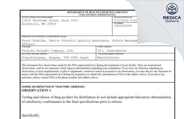 FDA 483 - TEIKOKU SEIYAKU CO.,LTD. [Higashikagawa Kga / Japan] - Download PDF - Redica Systems