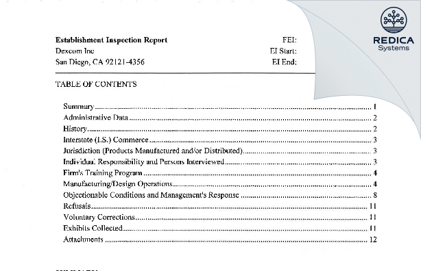 EIR - Dexcom, Inc. [San Diego / United States of America] - Download PDF - Redica Systems