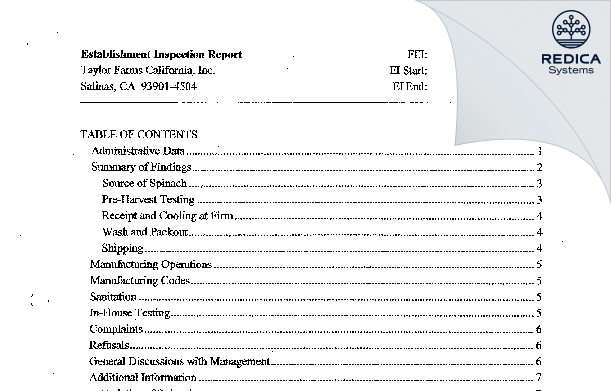 EIR - Taylor Farms Retail, Inc. [Salinas / United States of America] - Download PDF - Redica Systems