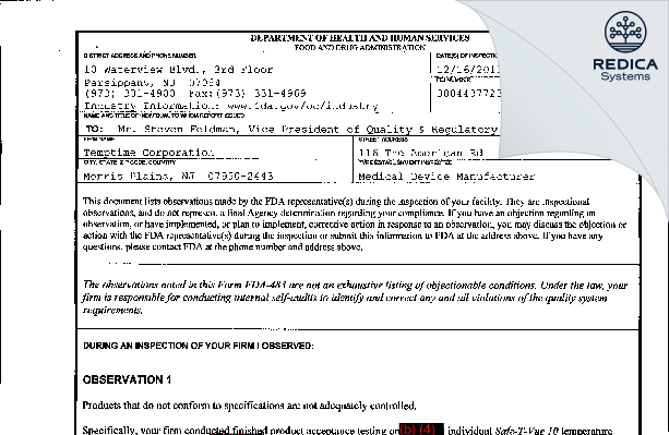 FDA 483 - Temptime Corporation [Morris Plains / United States of America] - Download PDF - Redica Systems