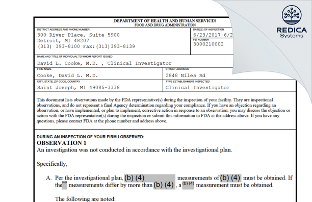 FDA 483 - Cooke, David L. M.D. [Saint Joseph / United States of America] - Download PDF - Redica Systems