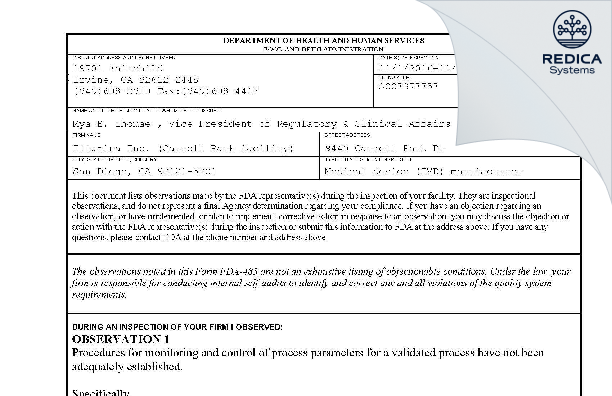 FDA 483 - Illumina Inc. (Carroll Park facility) [San Diego / United States of America] - Download PDF - Redica Systems