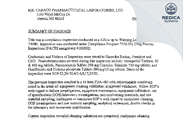 EIR - Sun Pharmaceutical Industries, Inc. [Detroit / United States of America] - Download PDF - Redica Systems