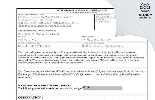 FDA 483 - B&W Tek, Inc. [Newark / United States of America] - Download PDF - Redica Systems