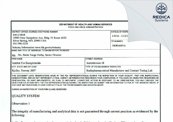 FDA 483 - Agilera Pharma AS [- / Norway] - Download PDF - Redica Systems