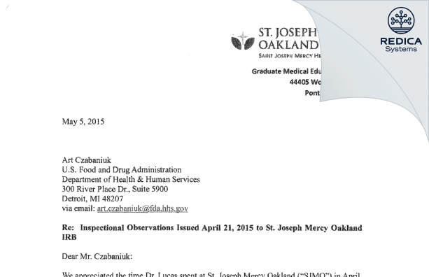 FDA 483 Response - St Joseph Mercy Oakland Instiutional Review Board [Pontiac / United States of America] - Download PDF - Redica Systems