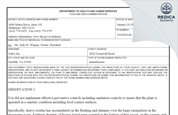 FDA 483 - Jody's Inc. [Norfolk / United States of America] - Download PDF - Redica Systems