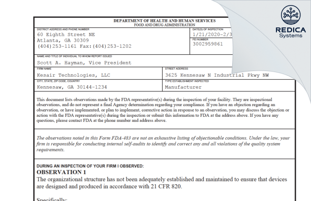 FDA 483 - Kesair Technologies, LLC [Kennesaw / United States of America] - Download PDF - Redica Systems