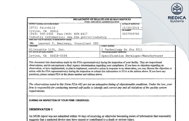 FDA 483 - Silhouette Lift, Inc. [Irvine / United States of America] - Download PDF - Redica Systems