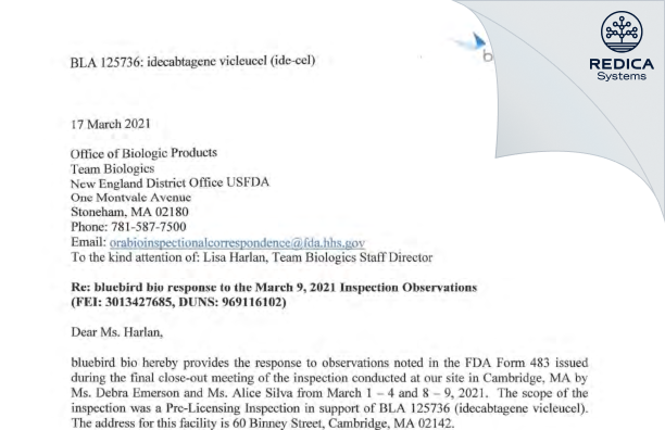 FDA 483 Response - bluebird bio, Inc. [Cambridge / United States of America] - Download PDF - Redica Systems