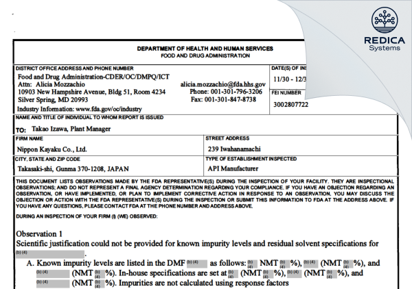 FDA 483 - Nippon Kayaku Co., Ltd. [Gumma / Japan] - Download PDF - Redica Systems