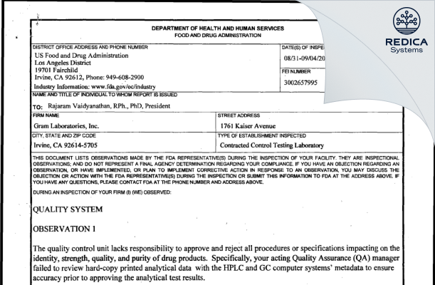 FDA 483 - GRAM Laboratories, Inc. [Irvine / United States of America] - Download PDF - Redica Systems