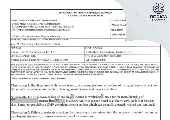 FDA 483 - Hubei HONCH Pharmaceutical Co., Ltd. [China / China] - Download PDF - Redica Systems