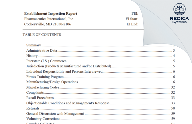 EIR - Pharmaceutics International, Inc. [Cockeysville / United States of America] - Download PDF - Redica Systems