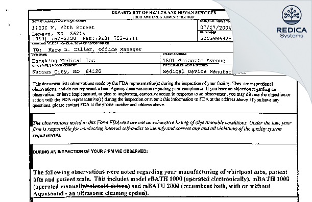 FDA 483 - Enneking Medical Inc [Kansas City / United States of America] - Download PDF - Redica Systems