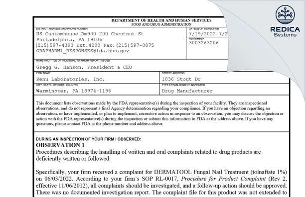 FDA 483 - Renu Laboratories, Inc. [Warminster / United States of America] - Download PDF - Redica Systems