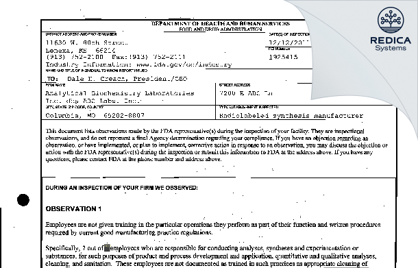 FDA 483 - Analytical Biochemistry Laboratories Inc. dba ABC Labs. Inc. [Columbia / United States of America] - Download PDF - Redica Systems