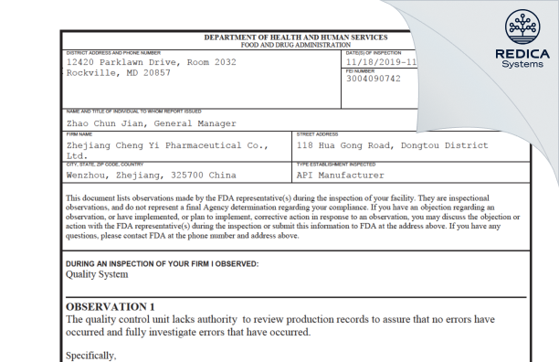FDA 483 - Zhejiang Cheng Yi Pharmaceutical Co., Ltd [China / China] - Download PDF - Redica Systems