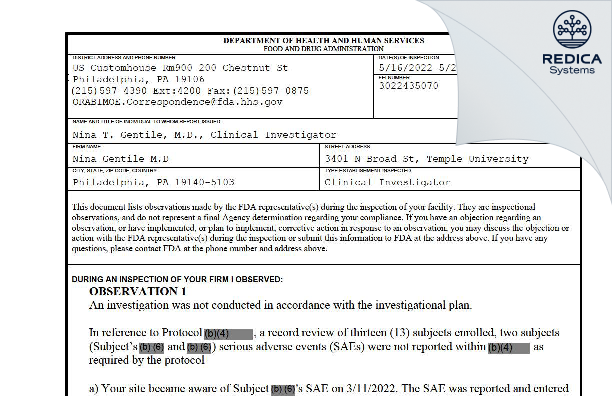 FDA 483 - Nina Gentile M.D [Philadelphia / United States of America] - Download PDF - Redica Systems