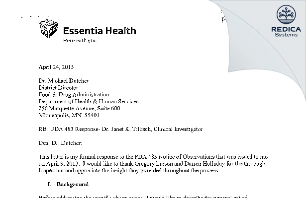 FDA 483 Response - Janet K Tillisch, MD [Fargo / United States of America] - Download PDF - Redica Systems