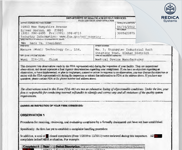 FDA 483 - Mesure (Wuxi) Technology Co., Ltd. [- / -] - Download PDF - Redica Systems