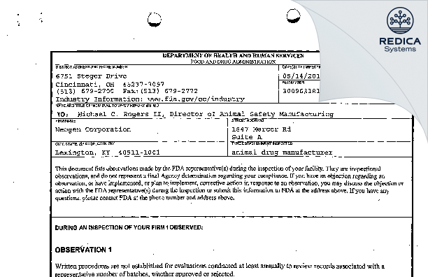 FDA 483 - Neogen Corporation - Mercer Rd. [Lexington / United States of America] - Download PDF - Redica Systems