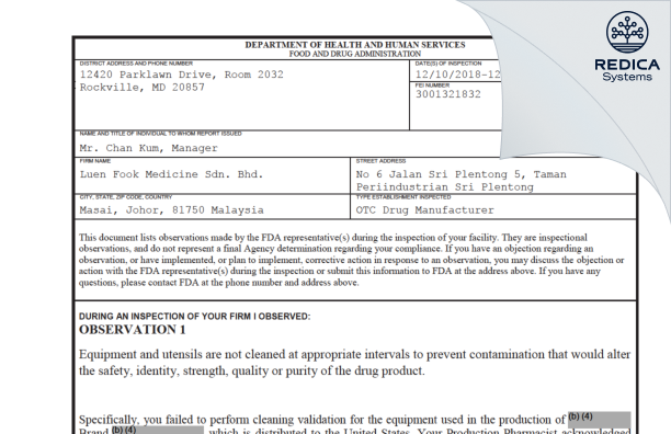 FDA 483 - Luen Fook Medicine Sdn. Bhd. [Masai / Malaysia] - Download PDF - Redica Systems
