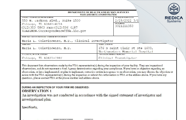 FDA 483 - Maria L. Colavincenzo, M.D. [Chicago / United States of America] - Download PDF - Redica Systems