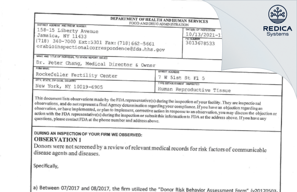 FDA 483 - Rockefeller Fertility Center [New York / United States of America] - Download PDF - Redica Systems