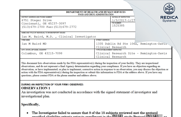 FDA 483 - Davis Remington Inc [Columbus / United States of America] - Download PDF - Redica Systems